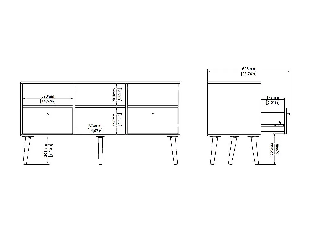 Bodo TV Tisch 2 Schubladen, 4 Ablagen weiß.
