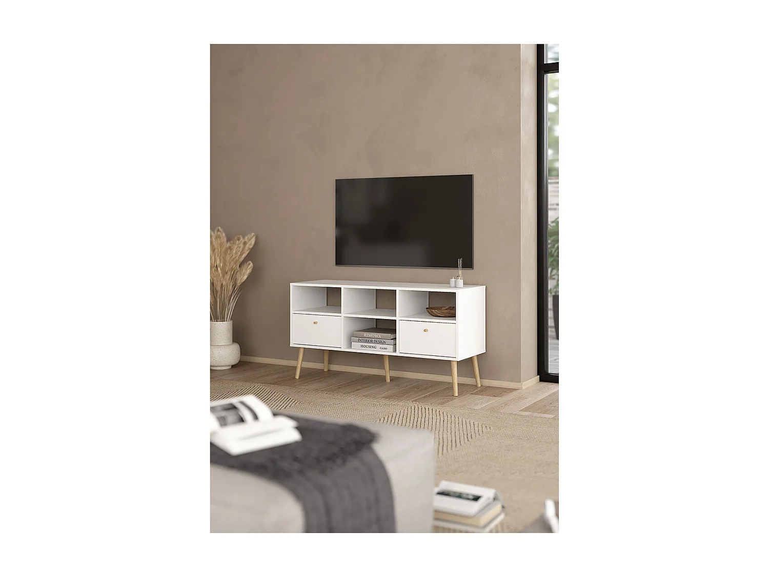 Bodo TV Tisch 2 Schubladen, 4 Ablagen weiß.