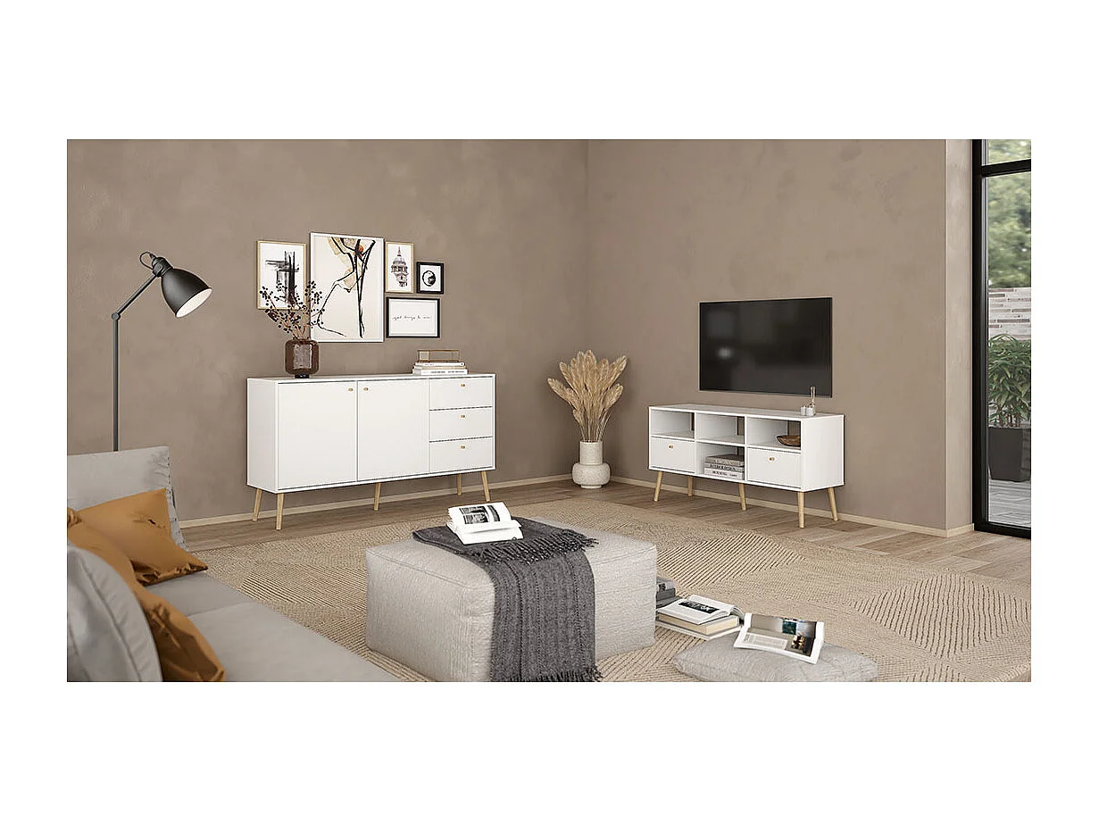 Bodo TV Tisch 2 Schubladen, 4 Ablagen weiß.