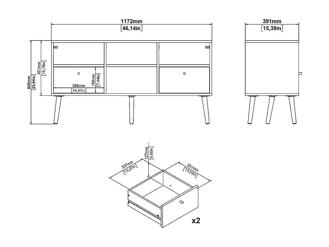 Mobile TV Bodo 2 cassetti, 4 ripiani grigio opaco.
