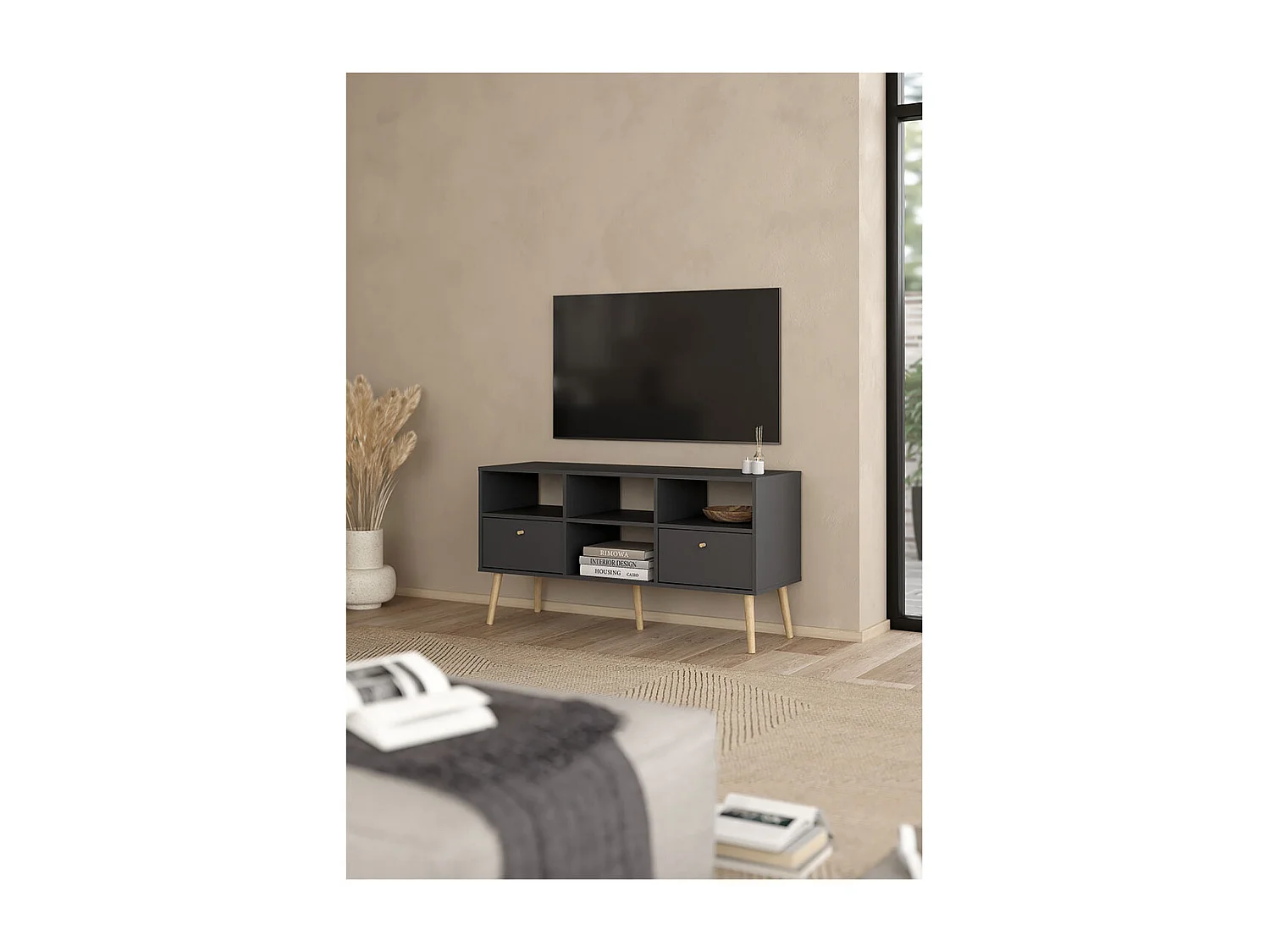 Mobile TV Bodo 2 cassetti, 4 ripiani grigio opaco.