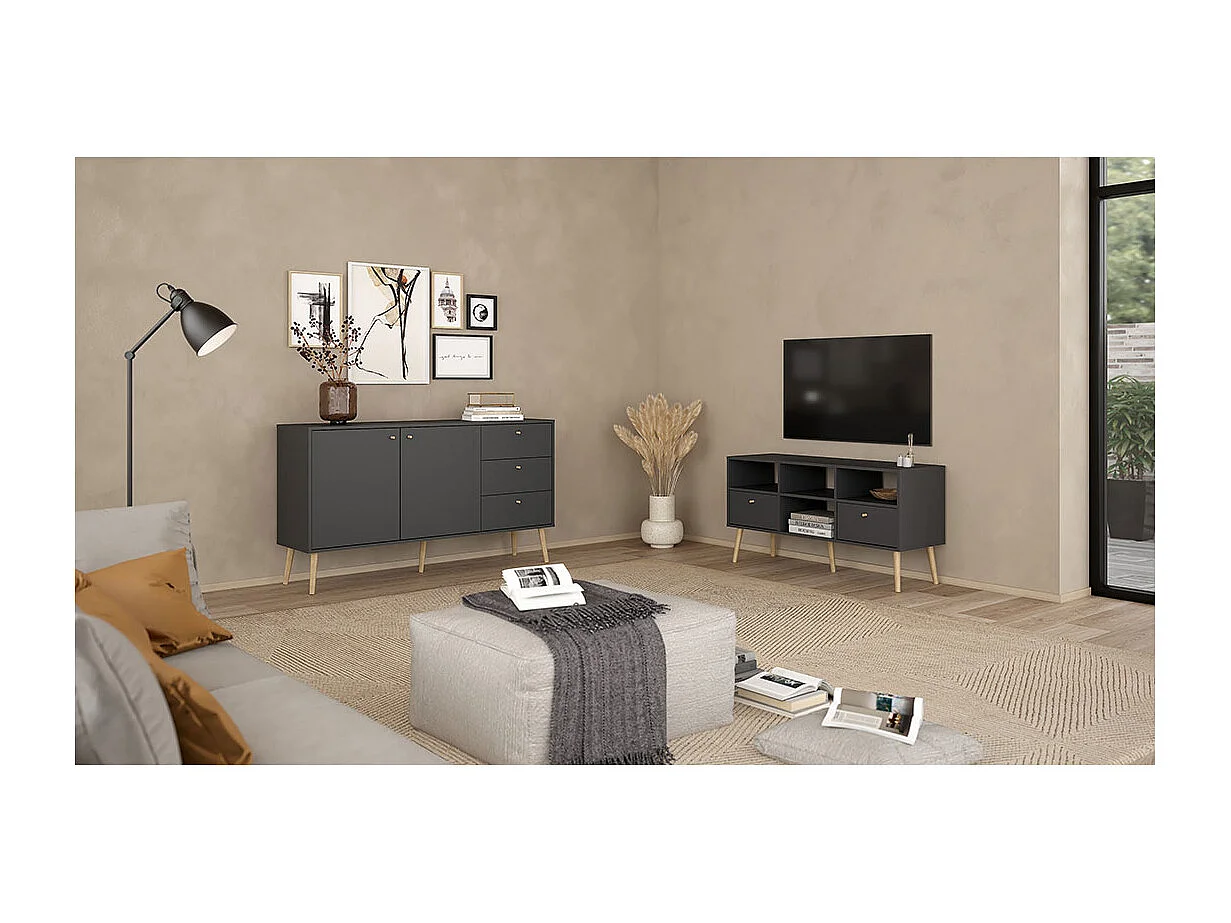 Mobile TV Bodo 2 cassetti, 4 ripiani grigio opaco.