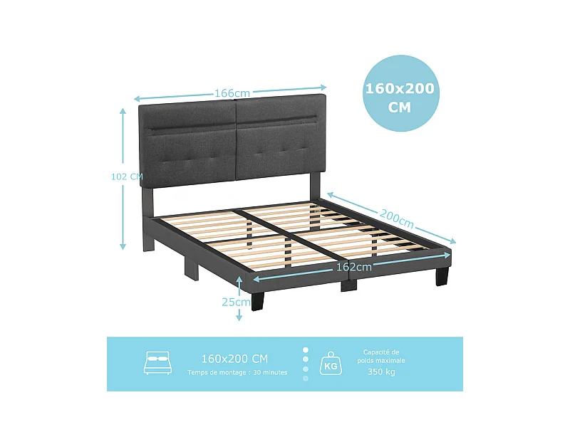 Letto 160x200 cm INRE - Letto matrimoniale con testiera in tessuto e lampada LED - Letto imbottito con rete a doghe - Letto per adulti - Grigio scuro