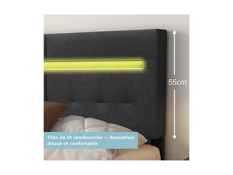 Letto 160x200 cm INRE - Letto matrimoniale con testiera in tessuto e lampada LED - Letto imbottito con rete a doghe - Letto per adulti - Grigio scuro