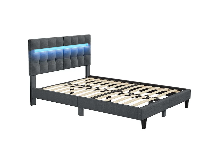 Letto 160x200 cm INRE - Letto matrimoniale con testiera in tessuto e lampada LED - Letto imbottito con rete a doghe - Letto per adulti - Grigio scuro