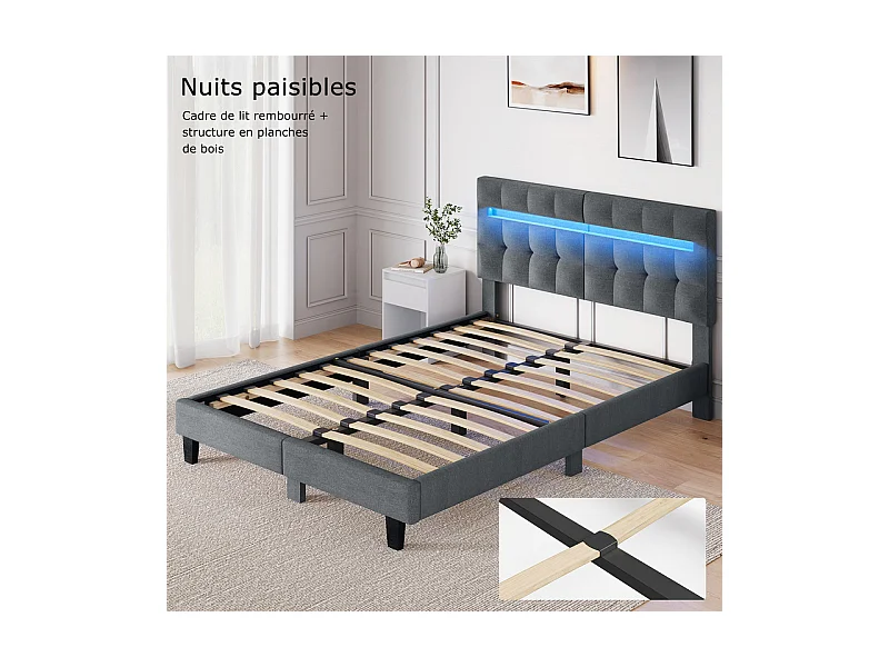 Letto 160x200 cm INRE - Letto matrimoniale con testiera in tessuto e lampada LED - Letto imbottito con rete a doghe - Letto per adulti - Grigio scuro