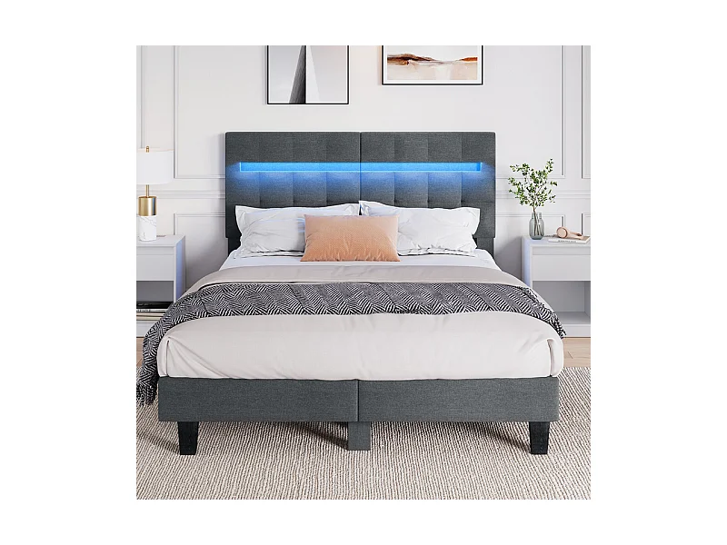 Letto 160x200 cm INRE - Letto matrimoniale con testiera in tessuto e lampada LED - Letto imbottito con rete a doghe - Letto per adulti - Grigio scuro