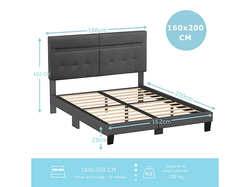 Bed 160x200 cm INRE - Tweepersoonsbed met stoffen hoofdeinde en led-lamp - Gestoffeerd bed met lattenbodem - Volwassen bed - Donkergrijs