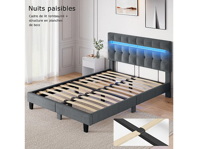 Bed 160x200 cm INRE - Tweepersoonsbed met stoffen hoofdeinde en led-lamp - Gestoffeerd bed met lattenbodem - Volwassen bed - Donkergrijs