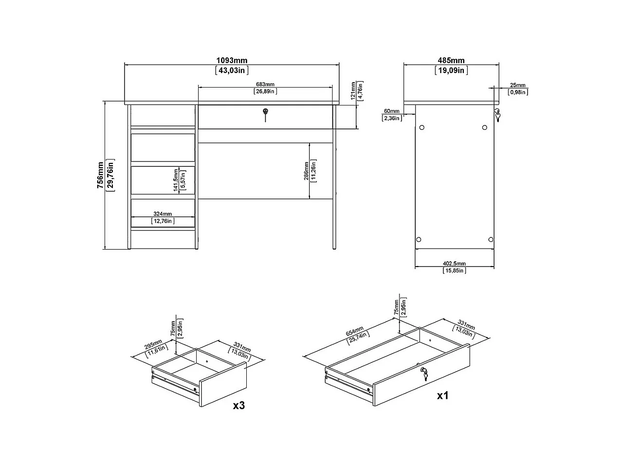 Scrivania FunctionPlus 1 ripiano, 4 cassetti decoro rovere.