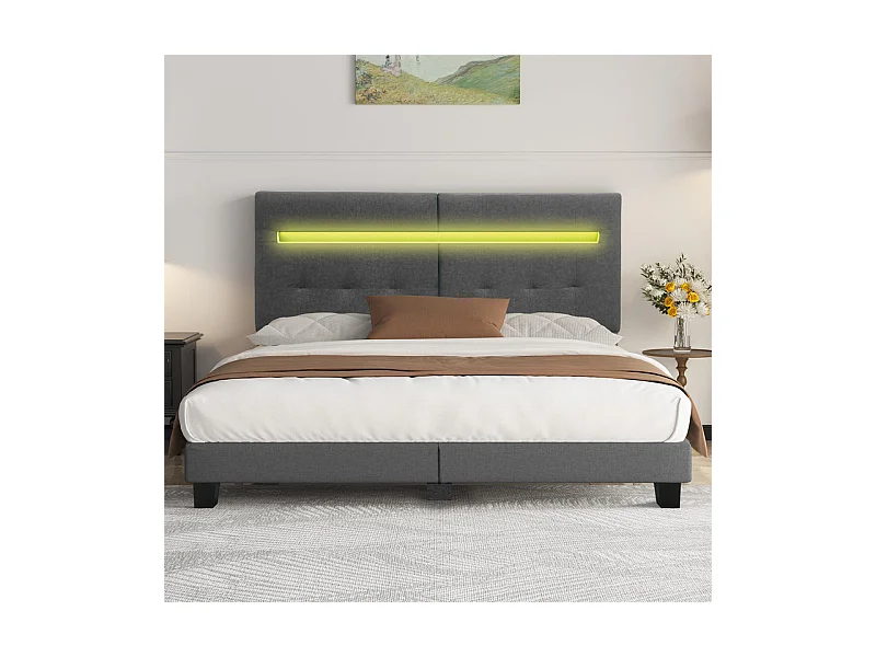 Letto 140x200 cm INRE - Letto matrimoniale con testiera in tessuto e lampada LED - Letto imbottito con rete a doghe - Letto per adulti - Grigio scuro