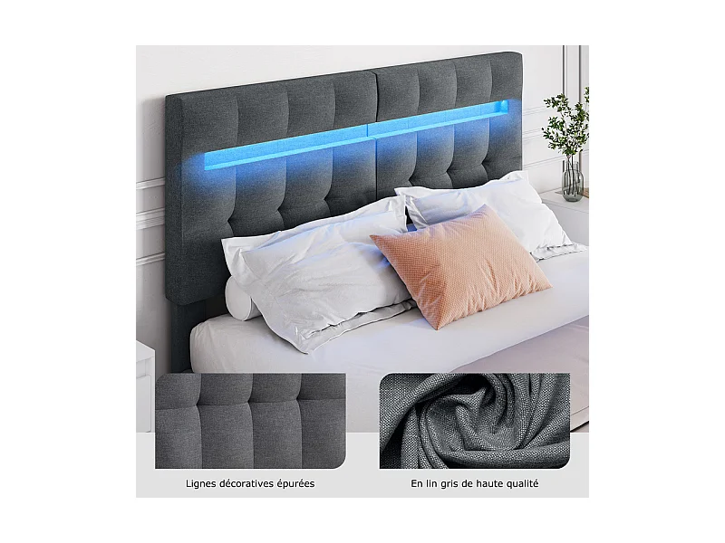 Letto 140x200 cm INRE - Letto matrimoniale con testiera in tessuto e lampada LED - Letto imbottito con rete a doghe - Letto per adulti - Grigio scuro
