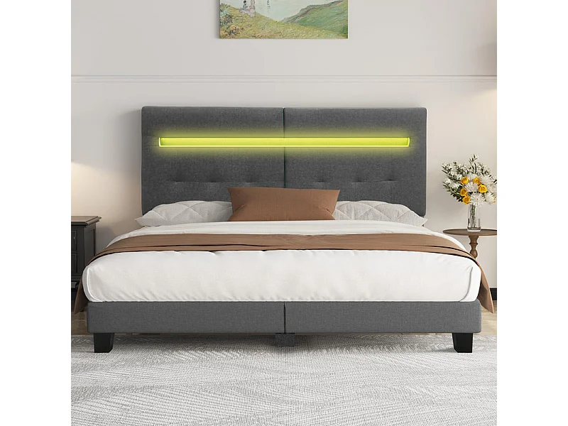 Lit 140x200 cm INRE - Lit Double avec Tête de Lit en Tissu et Lampe Leds - Lit Capitonné avec Sommier à Lattes - Lit Adulte - Gris Foncé