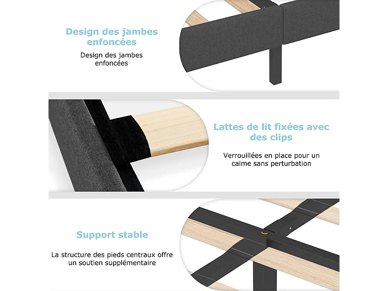 Lit 140x200 cm INRE - Lit Double avec Tête de Lit en Tissu et Lampe Leds - Lit Capitonné avec Sommier à Lattes - Lit Adulte - Gris Foncé