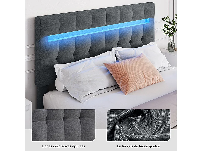 Lit 140x200 cm INRE - Lit Double avec Tête de Lit en Tissu et Lampe Leds - Lit Capitonné avec Sommier à Lattes - Lit Adulte - Gris Foncé