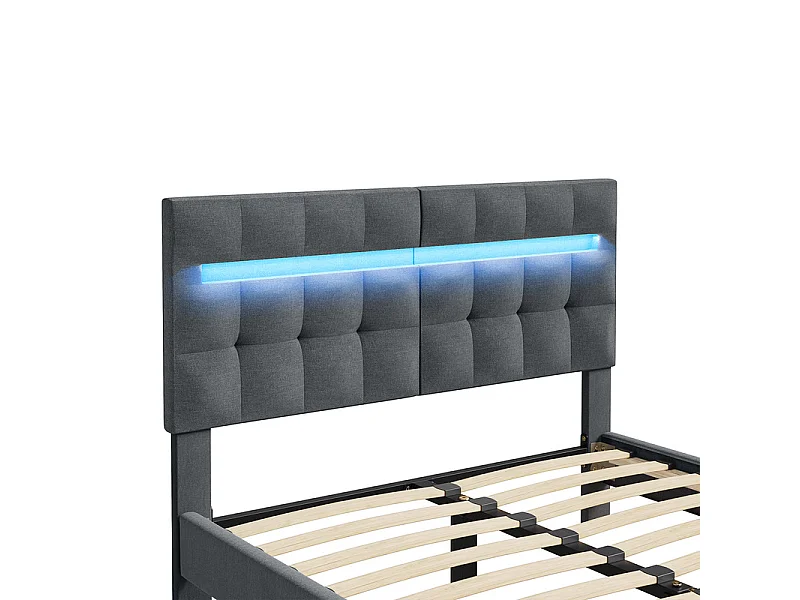 Lit 140x200 cm INRE - Lit Double avec Tête de Lit en Tissu et Lampe Leds - Lit Capitonné avec Sommier à Lattes - Lit Adulte - Gris Foncé