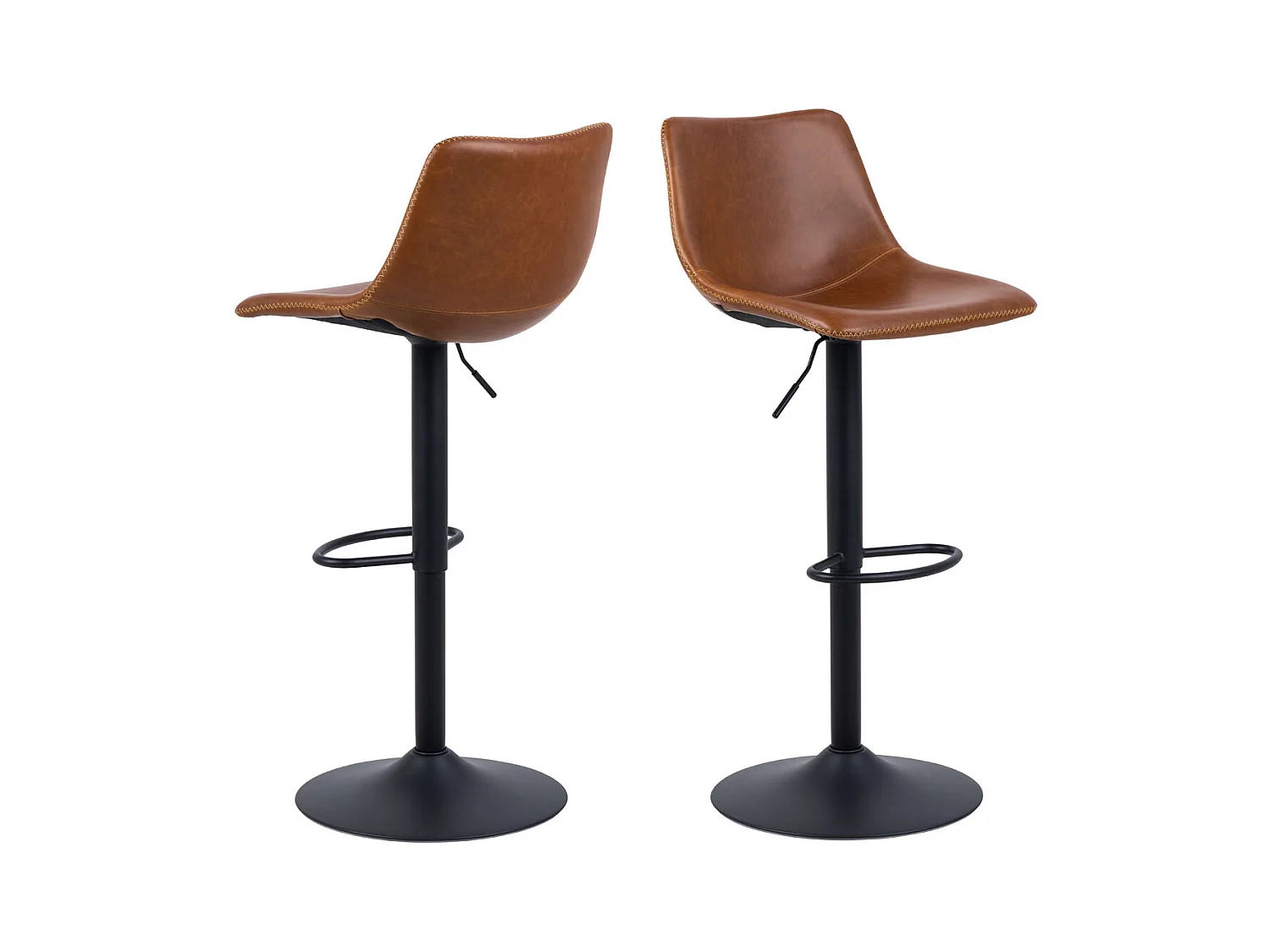 Oregon Tabouret de bar avec pied de trompette, surpiqûres contrastées beige, marron, noir.