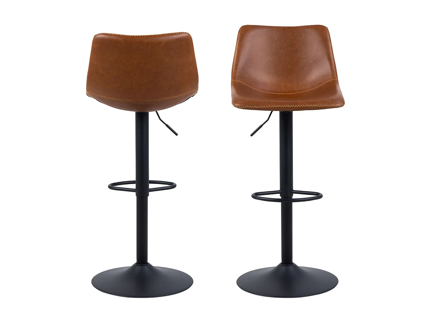 Taburete de bar Oregon con pie de trompeta, costuras en contraste beige, marrón, negro.