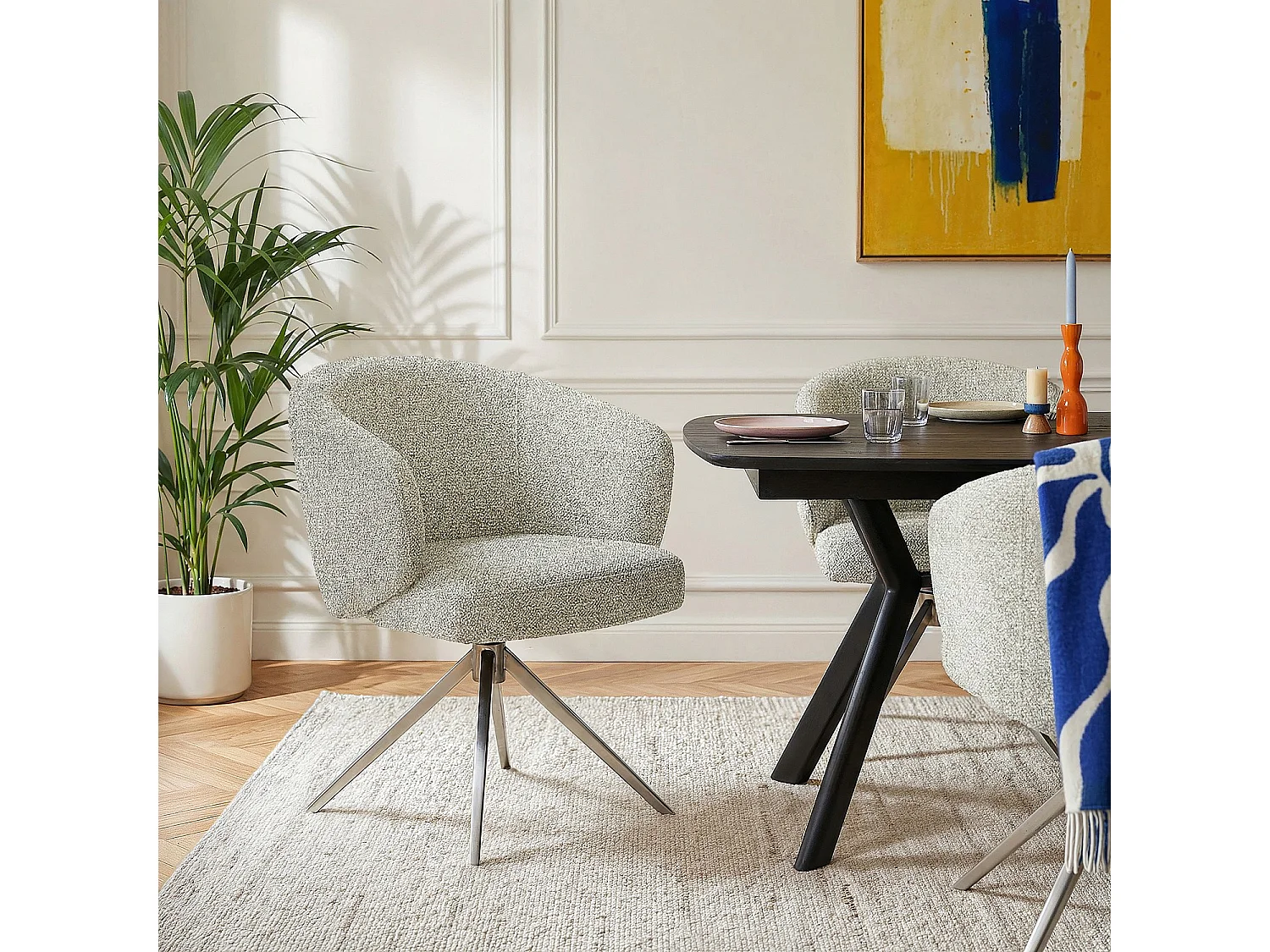 Habitat - Chaise pivotante en tissu texturé et métal chromé avec accoudoirs - Gris chiné - Galati