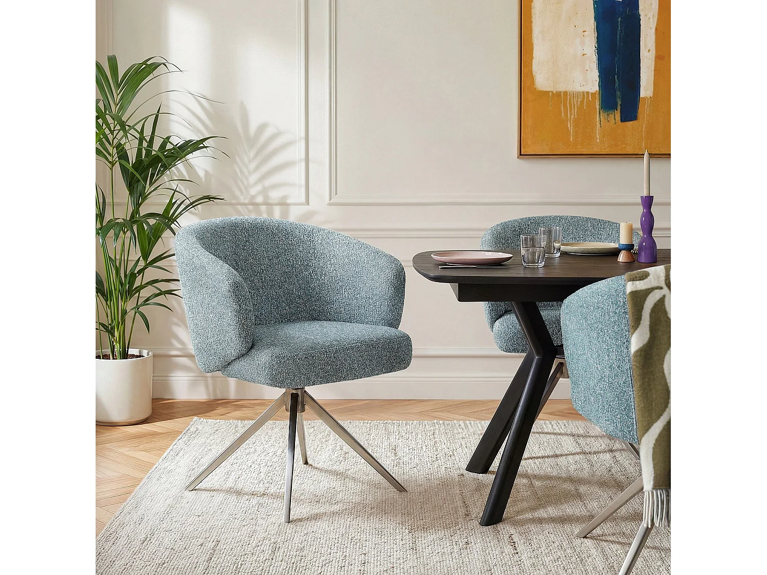 Chaise pivotante en tissu texturé et métal chromé avec accoudoirs - Bleu chiné