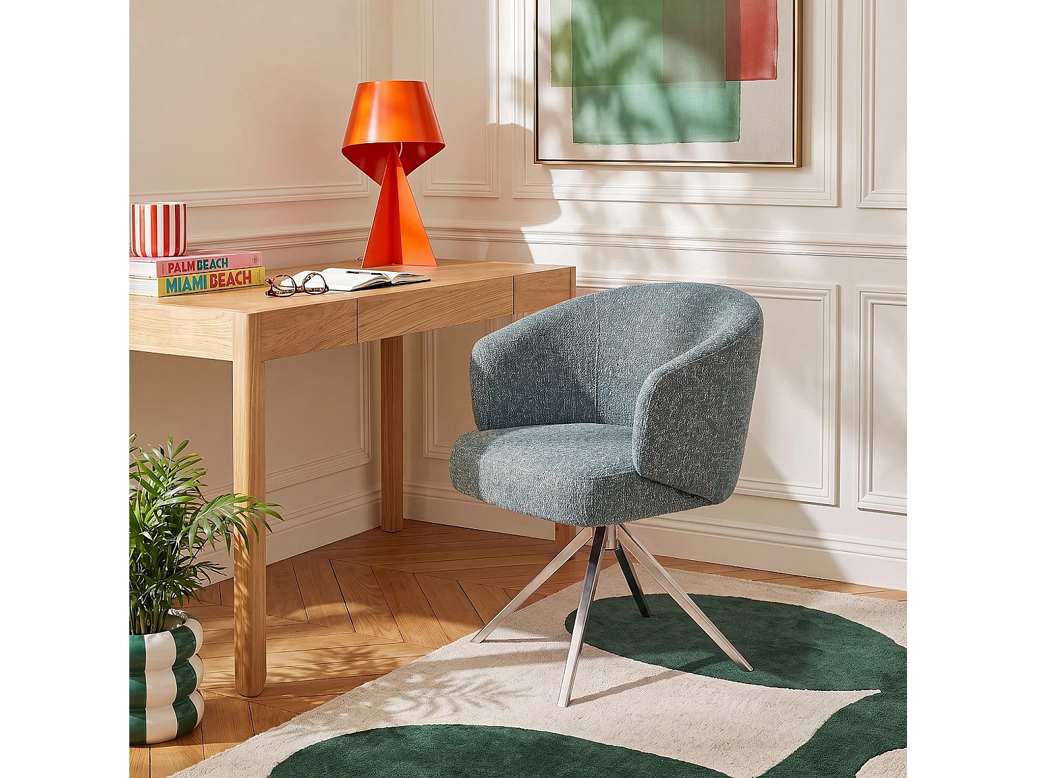 Habitat - Chaise pivotante en tissu texturé et métal chromé avec accoudoirs - Bleu chiné - Galati