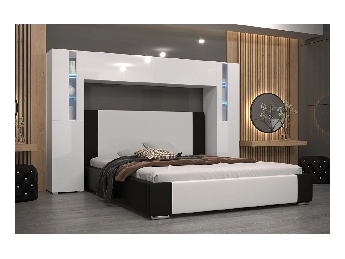 Tête de lit avec rangement Armoire - pont de lit PANAMA 8/21W/HG2-1A blanc/blanc brillant 256x184x35cm