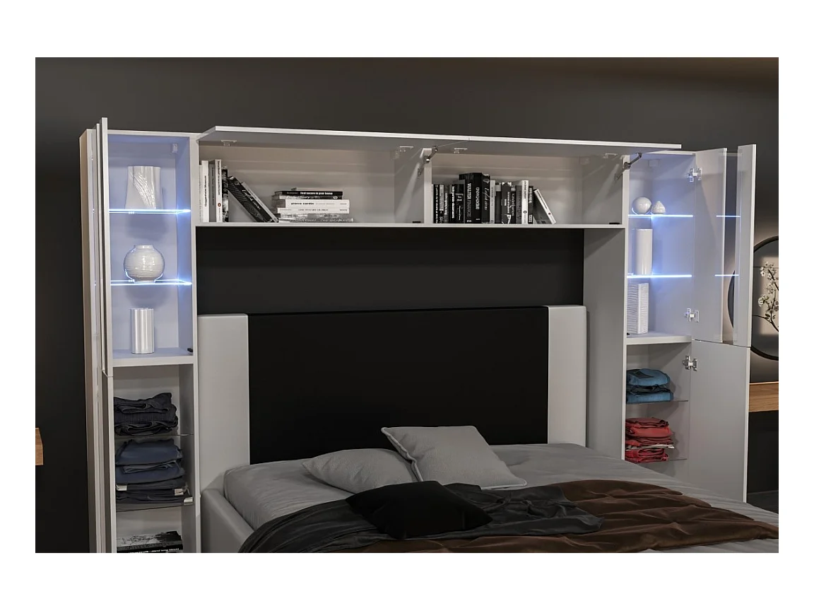 Tête de lit avec rangement Armoire - pont de lit PANAMA 8/21W/HG2-1A blanc/blanc brillant 256x184x35cm