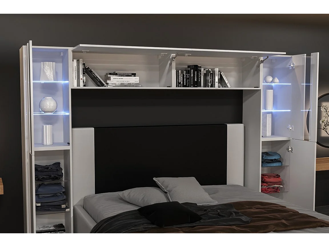 Tête de lit avec rangement Armoire - pont de lit PANAMA 8/21W/HG2-1A blanc/blanc brillant 256x184x35cm