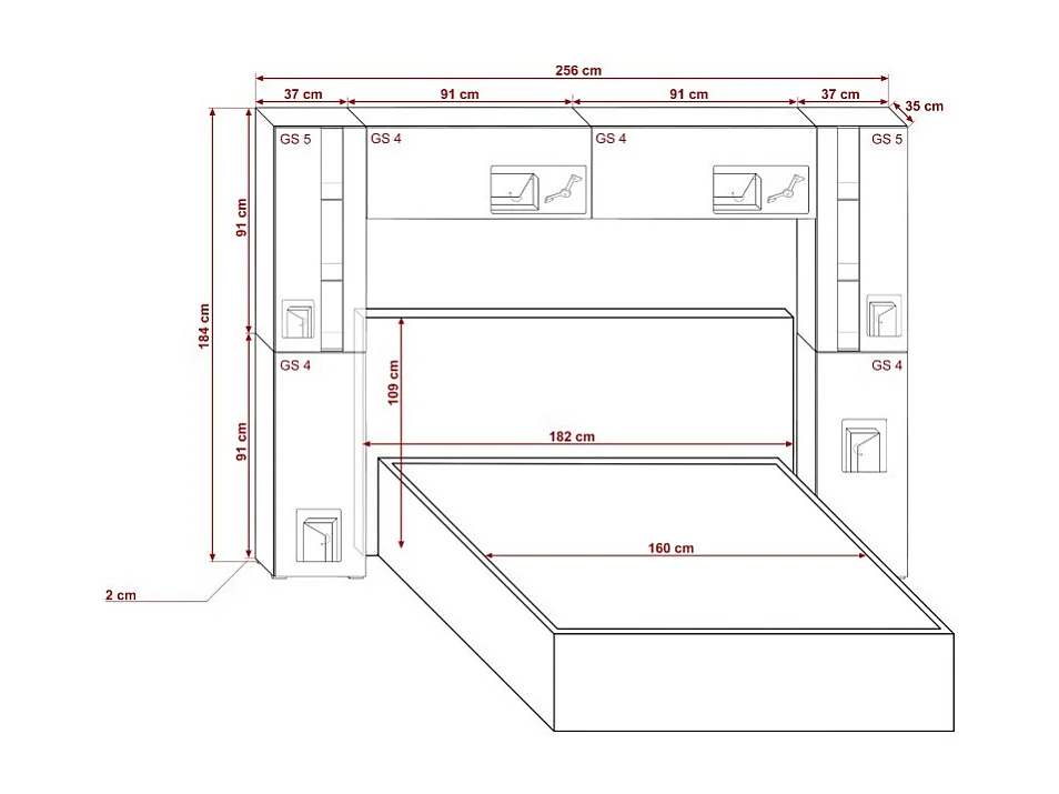 Tête de lit avec rangement Armoire - pont de lit PANAMA 8/21W/HG2-1A blanc/blanc brillant 256x184x35cm