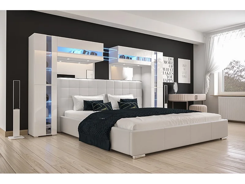 Tête de lit avec rangement Armoire - pont de lit PANAMA 14/HG/W/2-1C blanc/blanc brillant 290x184x35cm