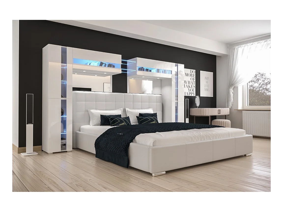 Tête de lit avec rangement Armoire - pont de lit PANAMA 14/HG/W/2-1C blanc/blanc brillant 290x184x35cm