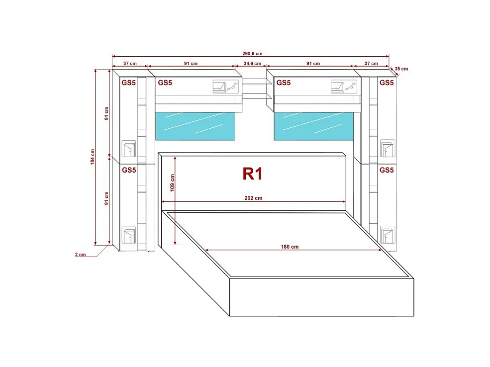 Tête de lit avec rangement Armoire - pont de lit PANAMA 14/HG/W/2-1C blanc/blanc brillant 290x184x35cm
