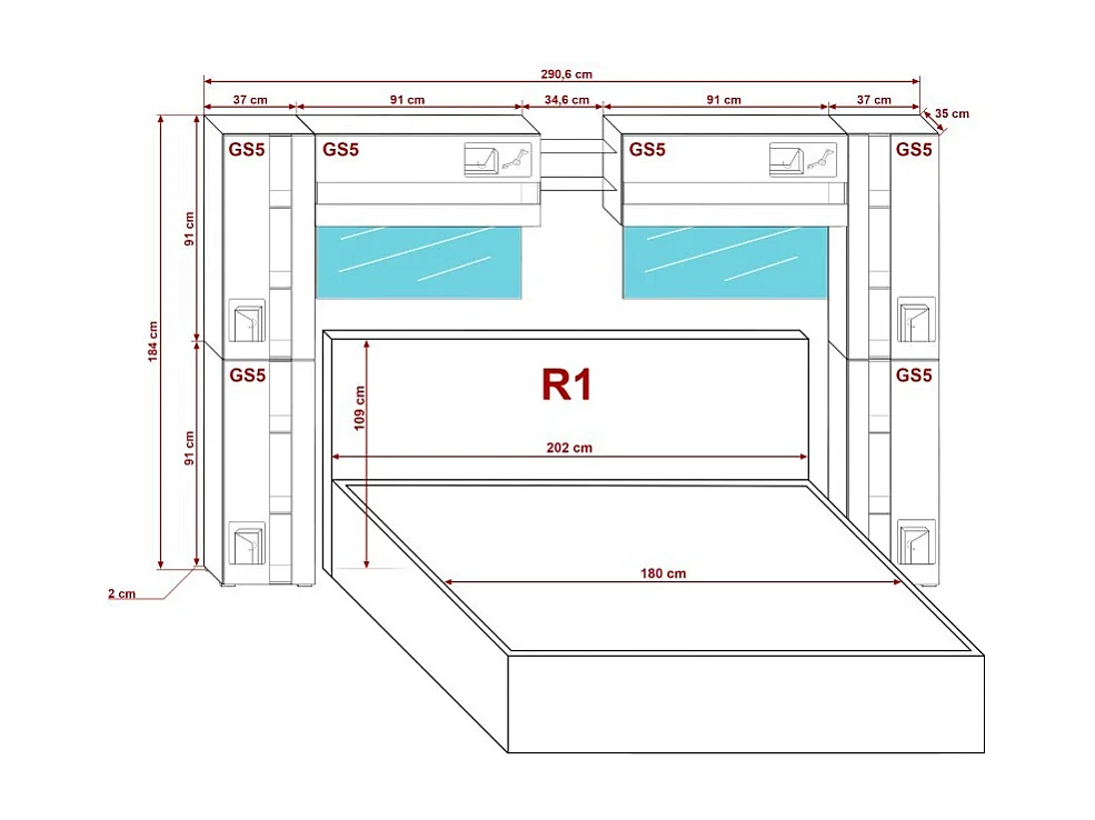 Tête de lit avec rangement Armoire - pont de lit PANAMA 14/M/S/3-1C chêne sonoma 290x184x35cm