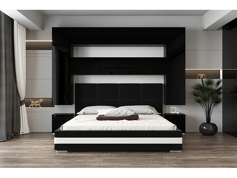 Tête de lit avec rangement Armoire - pont de lit PANAMA 4/HG/B/1-1A noir/noir brillant 256x223x35cm