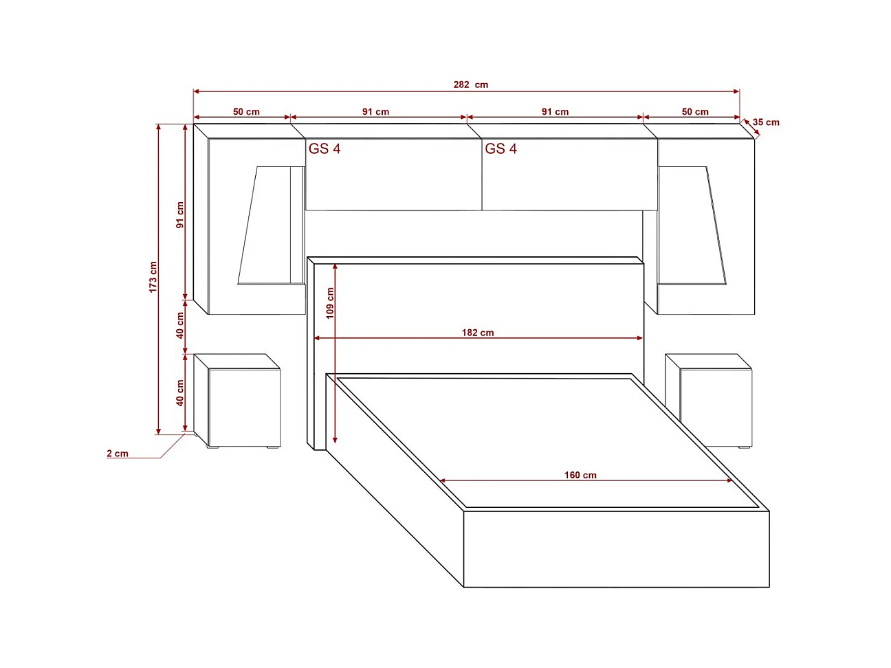 Tête de lit avec rangement Armoire - pont de lit PANAMA 11HG/W/2-1B blanc/blanc brillant 282x91x35cm