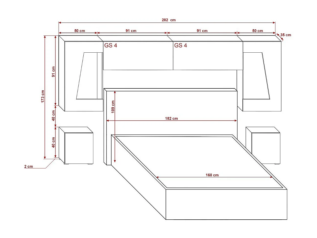 Tête de lit avec rangement Armoire - pont de lit PANAMA 11HG/W/2-1B blanc/blanc brillant 282x91x35cm