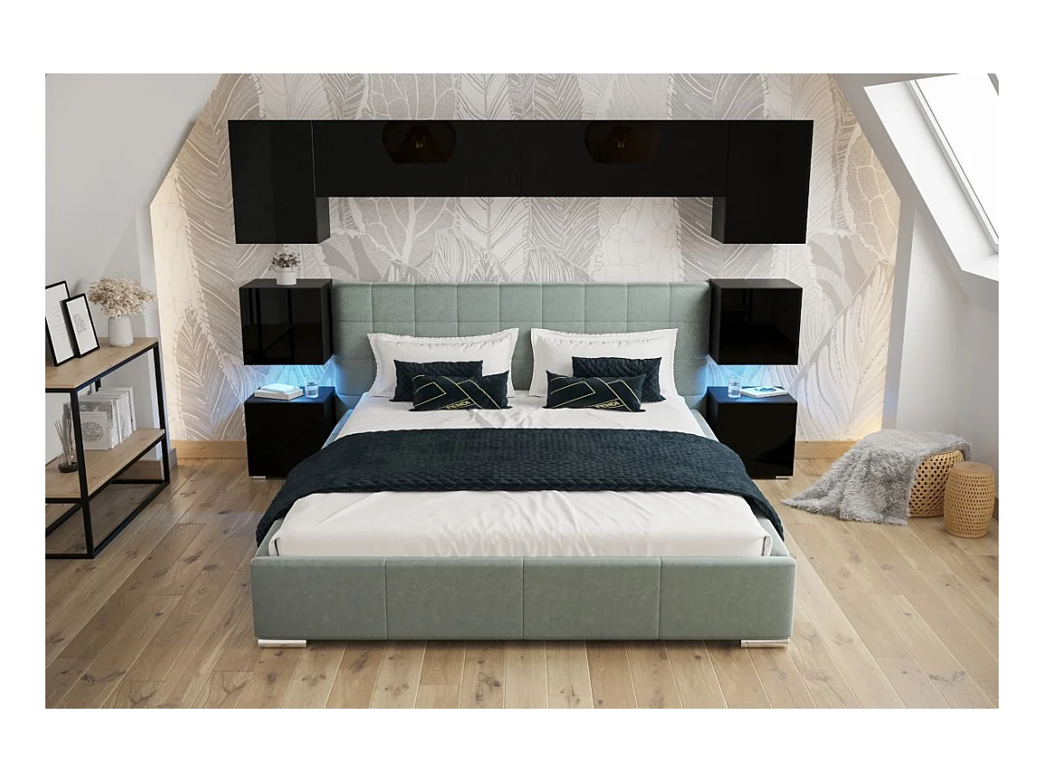 Tête de lit avec rangement Armoire - pont de lit PANAMA 13/HG/B/2-1C noir/noir brillant 280x182x35cm