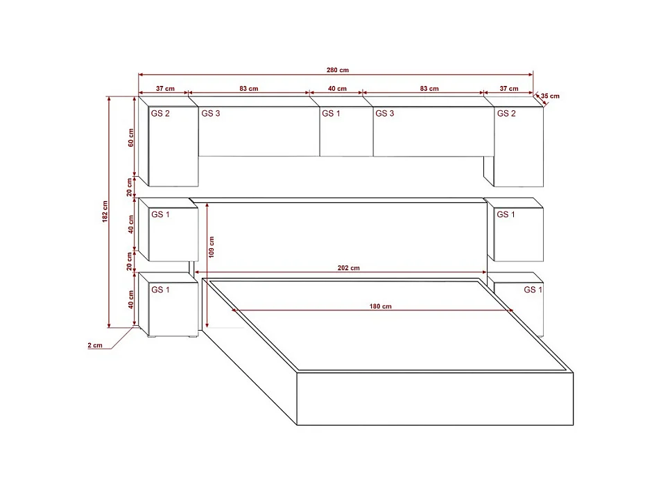 Tête de lit avec rangement Armoire - pont de lit PANAMA 13/HG/B/2-1C noir/noir brillant 280x182x35cm
