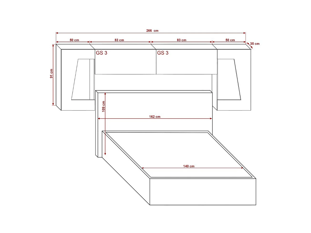 Tête de lit avec rangement Armoire - pont de lit PANAMA 10HG/W/2-1B blanc/blanc brillant 266x91x35cm