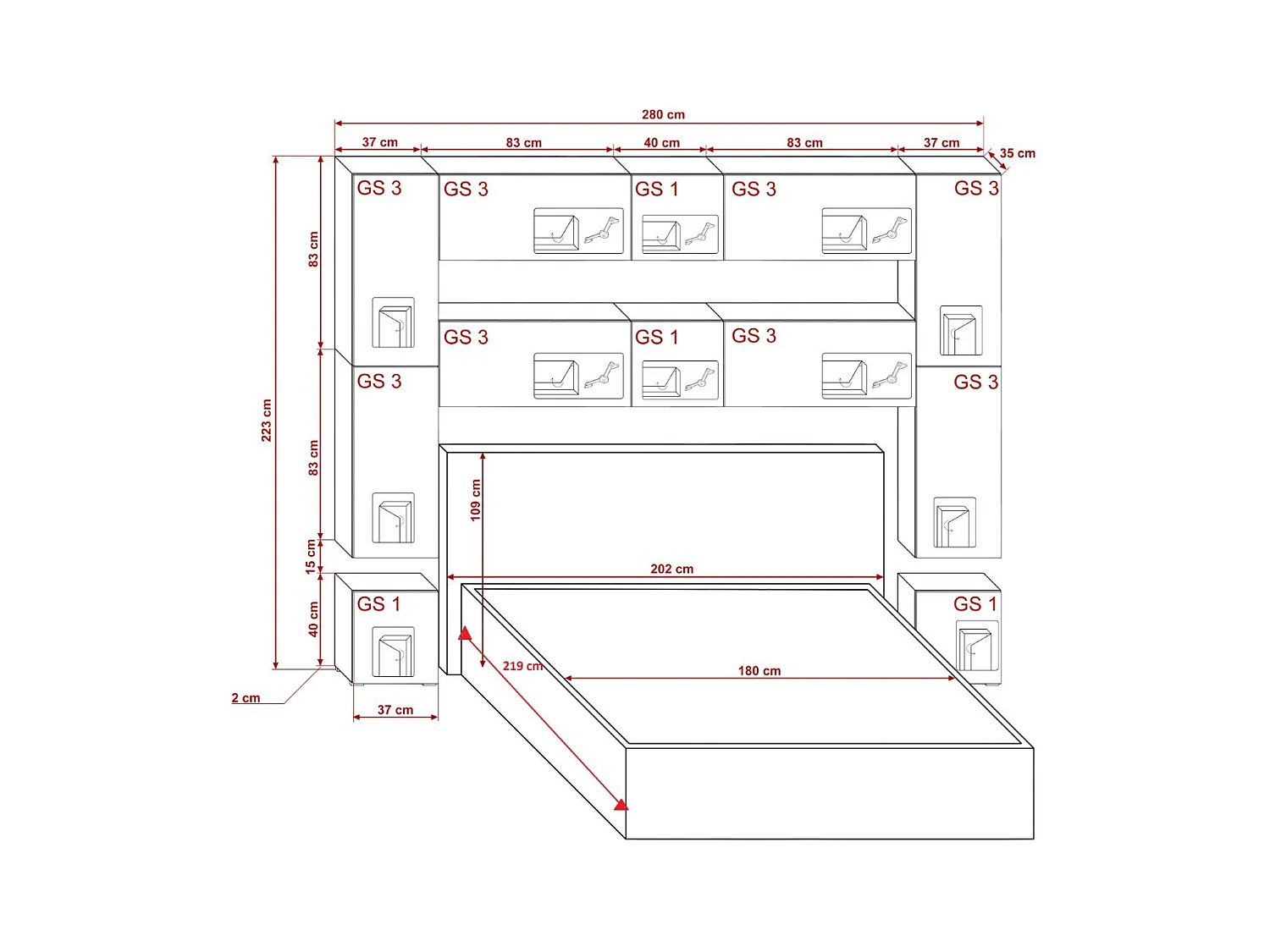 Tête de lit avec rangement Armoire - pont de lit PANAMA 4/HG/W/2-1C blanc/blanc brillant 280x223x35cm