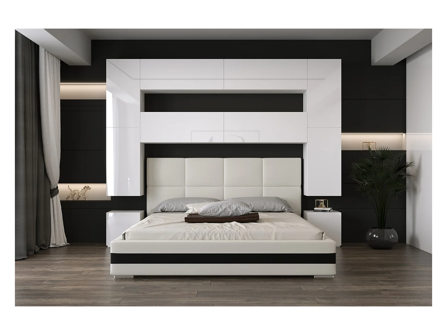 Tête de lit avec rangement Armoire - pont de lit PANAMA 4/HG/W/2-1C blanc/blanc brillant 280x223x35cm