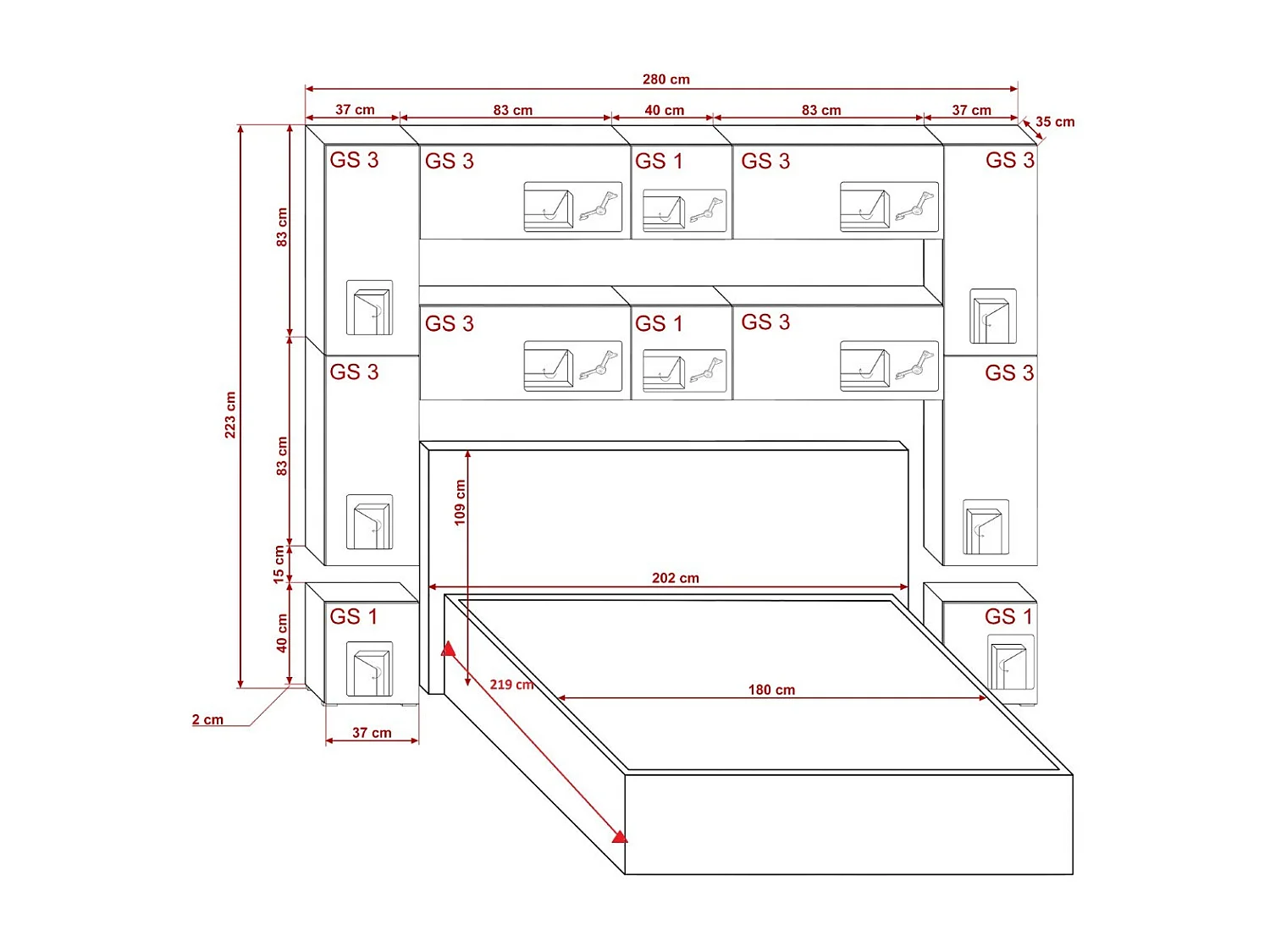 Tête de lit avec rangement Armoire - pont de lit PANAMA 4/HG/W/2-1C blanc/blanc brillant 280x223x35cm