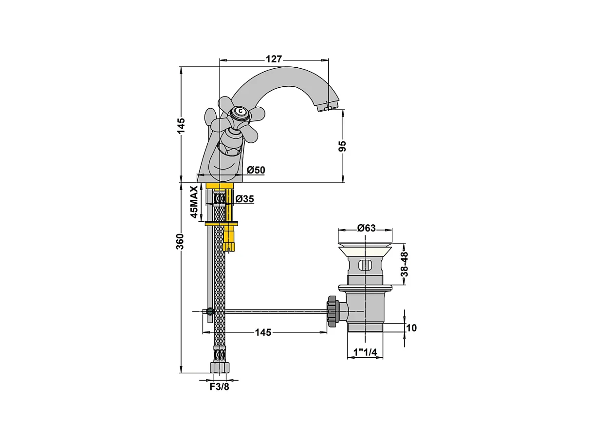 Mélangeur lavabo bec bas monotrou PAINI Tiffany Gris Acier