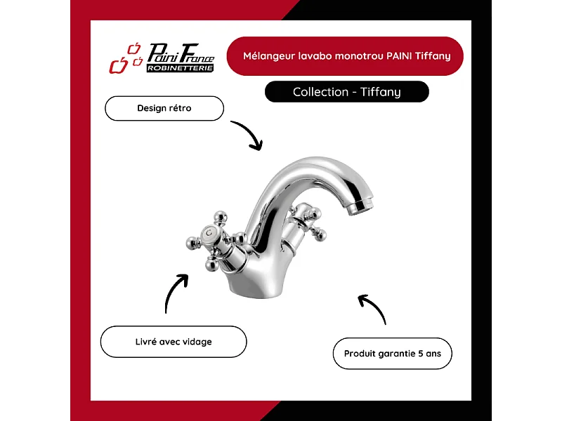 Mélangeur lavabo bec bas monotrou PAINI Tiffany Gris Acier