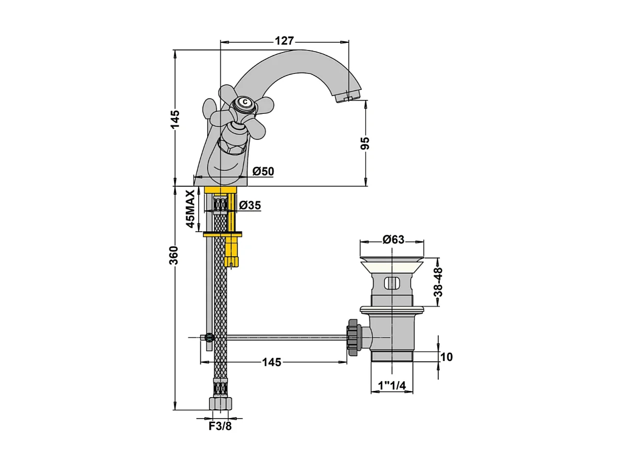 Mélangeur lavabo bec bas monotrou PAINI Tiffany Gris Acier