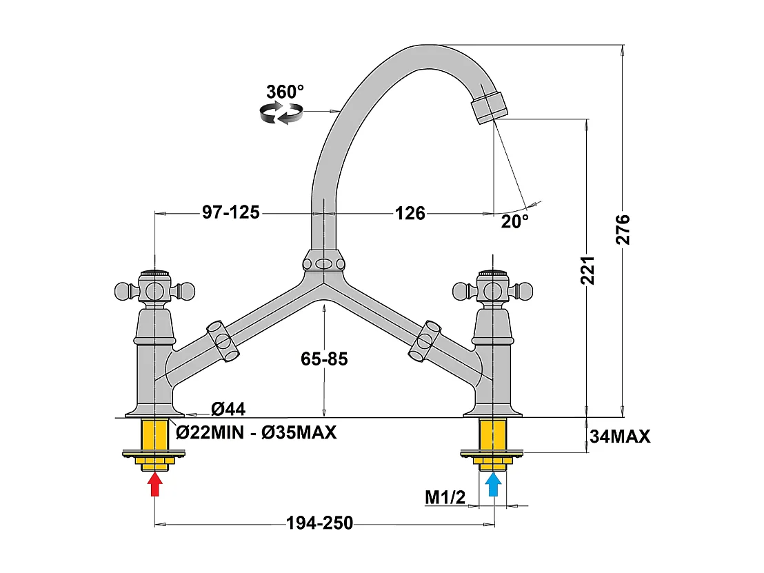 Mélangeur à pont PAINI Tiffany Chromé lavabo ou cuisine