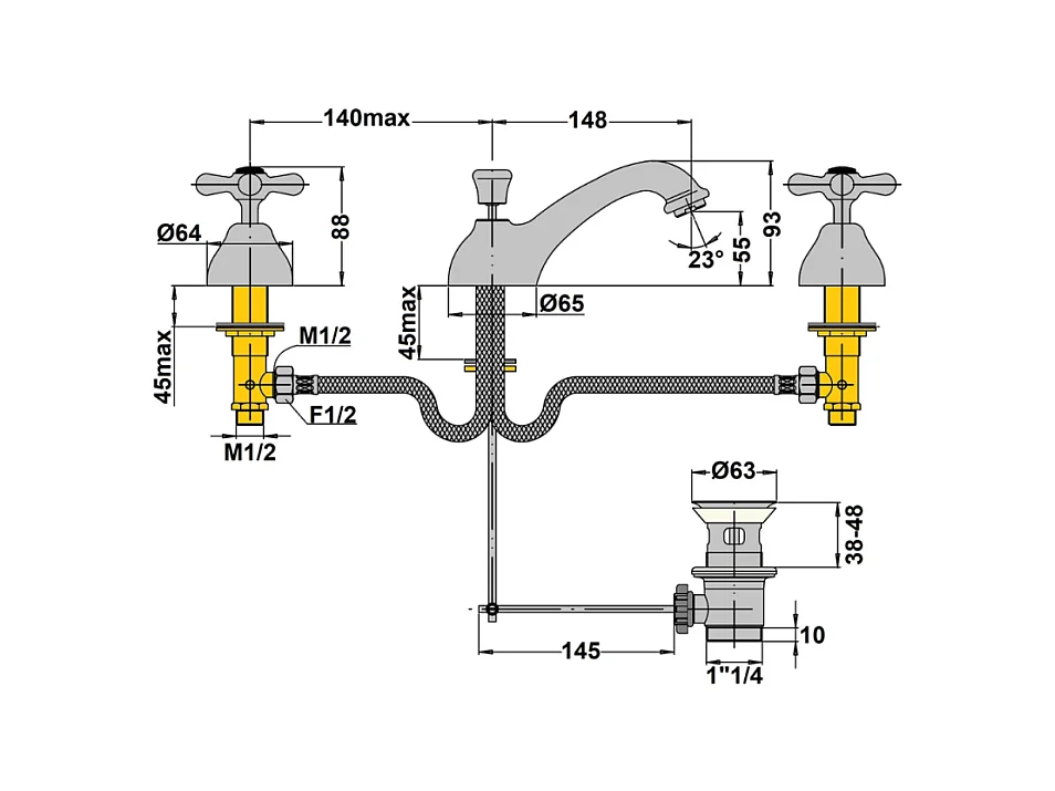 Mélangeur lavabo 3 trous PAINI Tiffany Vieux Bronze