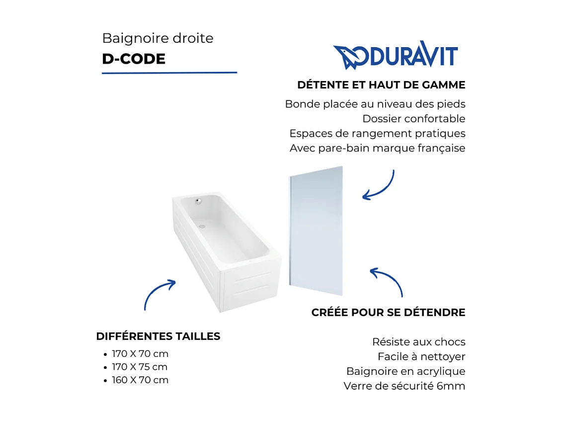 Baignoire droite DURAVIT D-Code 160 x70 cm  + Pare Bain gauche AURYS Mist 1 chromé