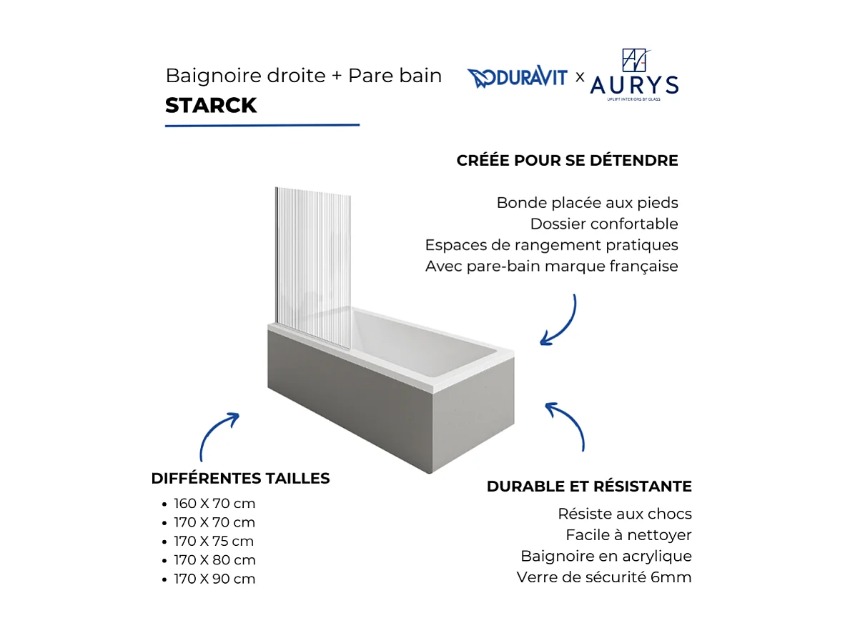 Baignoire droite DURAVIT Strack 170 x75 cm + Pare bain gauche AURYS Raywall chromé