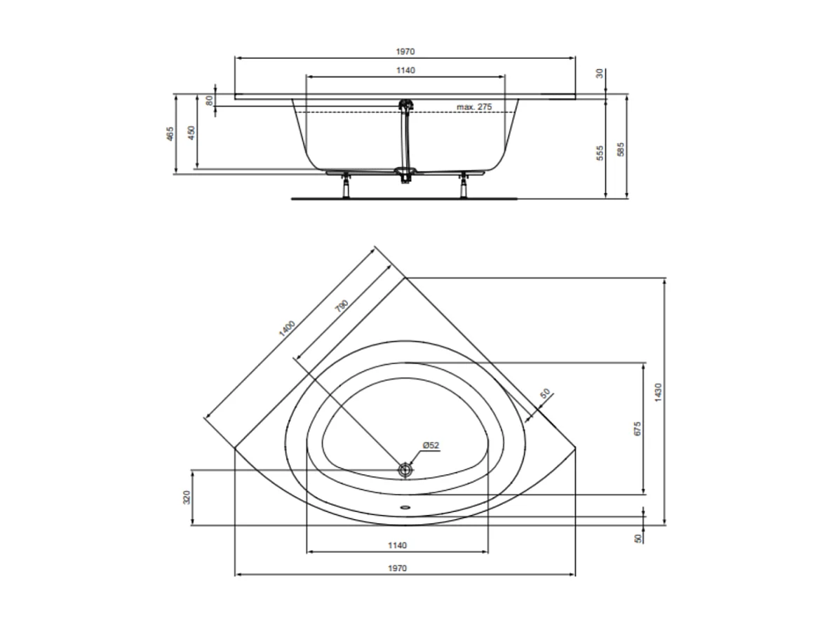 Baignoire d'angle 140 x 140 Ideal Standard i.life avec tablier et vidage